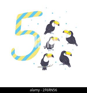 Cartoon illustration avec le numéro cinq et des toucans Illustration de Vecteur