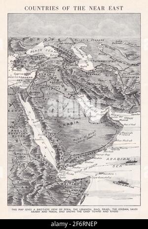 Carte des yeux d'oiseau d'époque des pays du proche-Orient des années 1930. Banque D'Images