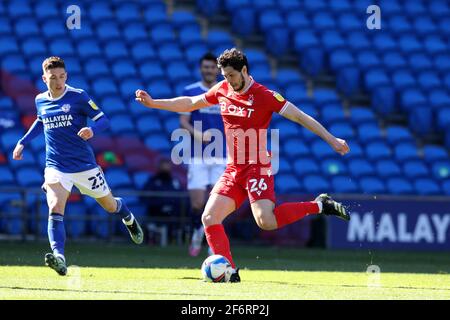 Cardiff, Royaume-Uni. 02 avril 2021. Scott McKenna de Nottingham Forest en action, match de championnat EFL Skybet, Cardiff City et Nottingham Forest au Cardiff City Stadium de Cardiff, pays de Galles, le vendredi 2 avril 2021. Cette image ne peut être utilisée qu'à des fins éditoriales. Utilisation éditoriale uniquement, licence requise pour une utilisation commerciale. Aucune utilisation dans les Paris, les jeux ou les publications d'un seul club/ligue/joueur. photo par Andrew Orchard/Andrew Orchard sports Photography/Alamy Live News crédit: Andrew Orchard sports Photography/Alamy Live News Banque D'Images