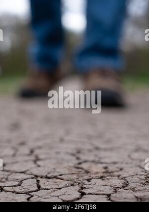 Terre aride photographiée après une sécheresse. Un homme marche le long d'un sentier de boue craqué au Royaume-Uni. Seules les chaussures et les pantalons sont visibles. Banque D'Images