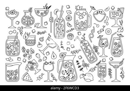 Cocktails tropicaux, jus d'été, ligne noire. Boisson et fruits. Limonade aux fraises et thé, Mojito et menu de smoothie frais orange. Illustration vectorielle tendance au design plat sur fond noir Illustration de Vecteur