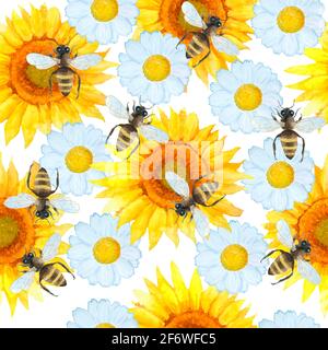 Aquarelle sans couture motif de rawn à la main avec abeilles bourdes, nature insectes naturels, été vibes design moderne. Abeilles aux fleurs de pâquerettes blanches bleues. Fond de conception moderne et lumineux de la ferme à pollen. Pour papier d'emballage textile Banque D'Images