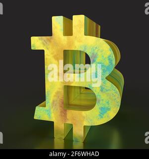 Un symbole tridimensionnel doré abstrait en bitcoin sur fond noir. Banque D'Images