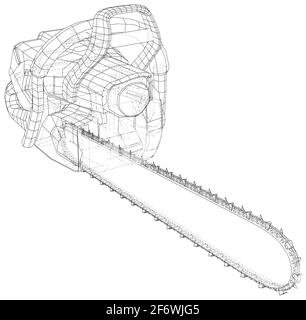 Tronçonneuse à essence. Instrument professionnel, outil de travail. Illustration technique châssis de fil. Rendu vectoriel 3D Illustration de Vecteur