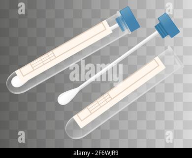 Dispositif médical pour le prélèvement d'un écouvillon du bâtonnet de coton du nez ou de la gorge avec illustration vectorielle de tube à essai en plastique sur fond transparent. Illustration de Vecteur