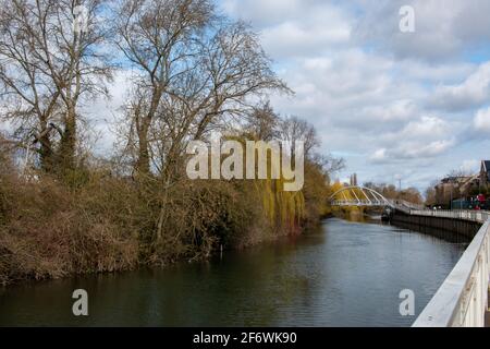 Une vue sur la rivière Cam vers le pont d'Olaudah Equiano. Logan's Meadow se trouve sur la gauche et Riverside Street sur la droite. Cambridge, Royaume-Uni Banque D'Images