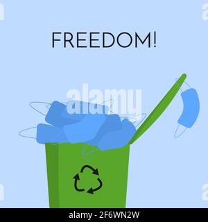 La poubelle est pleine de masques jetables bleus. Liberté de texte Illustration de Vecteur