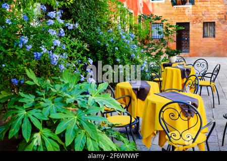 Joli petit café extérieur à Venise, en Italie, avec des tables jaunes et des vignes rampantes le long du mur Banque D'Images