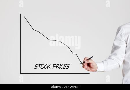 Homme d'affaires dessine un graphique linéaire décroissant avec le mot cours des actions. Crise économique et chute des prix des actions concept. Banque D'Images