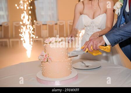 Les jeunes mariés coupent le gâteau de mariage. La mariée et le marié au mariage ont coupé un gâteau de mariage Banque D'Images