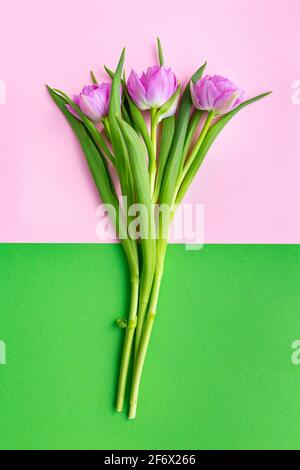 Romantique bouquet délicat de trois tulipes roses sur fond coloré. Banque D'Images