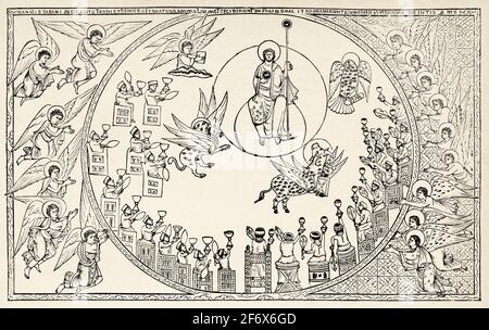 Vision de Saint Jean dans l'apocalypse. Ancienne illustration gravée du XIXe siècle de Jésus-Christ par Veuillot 1890 Banque D'Images