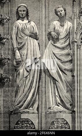 Les vierges stupides de l'Evangile. Sculpture du XIIe siècle dans la cathédrale de Strasbourg. Alsace, France. Ancienne illustration gravée du XIXe siècle de Jésus-Christ par Veuillot 1890 Banque D'Images