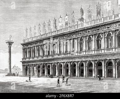 Marciana Library Piazza San Marco, Venise, Italie. Europe. Ancienne illustration gravée du XIXe siècle d'El Mundo Ilustrado 1879 Banque D'Images