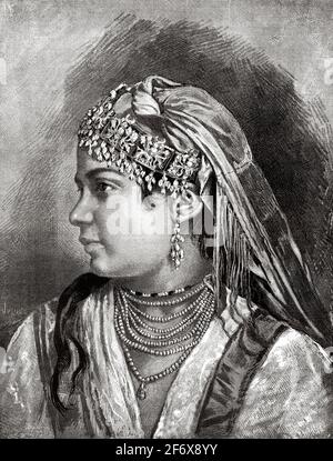 Femme tunisienne habillée en costume traditionnel, Tunisie. Afrique. Ancienne illustration gravée du XIXe siècle d'El Mundo Ilustrado 1879 Banque D'Images