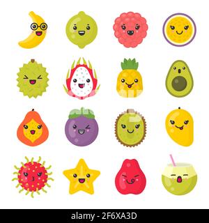 Mignon sourire fruits exotiques, isolé coloré vecteur icône ensemble Illustration de Vecteur