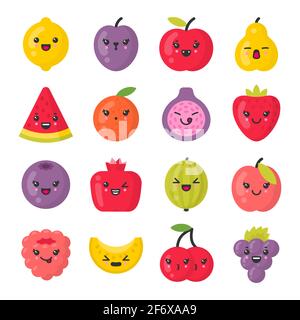 Joli fruit souriant, ensemble d'icônes vectorielles colorées isolées Illustration de Vecteur