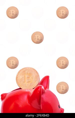 Pièce de monnaie en bitcoin dans une banque de porc rouge sur un fond blanc avec des pièces volantes, cadre vertical. Concept d'économie de crypto-monnaie. Nouvelle électronique virtuelle et di Banque D'Images