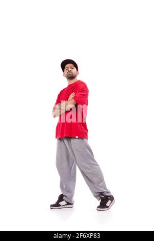 danseur de hip hop posé sur un fond blanc isolé Banque D'Images