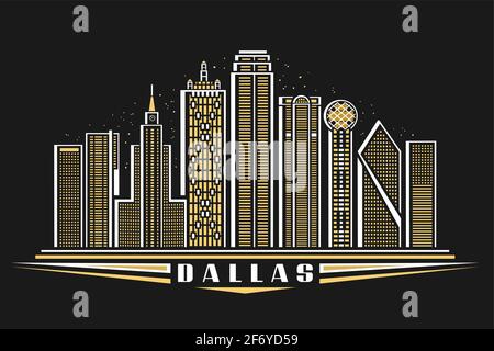 Illustration vectorielle de Dallas, affiche horizontale avec un design de contour illuminé ville de dallas, concept d'art urbain américain avec le décoratif Illustration de Vecteur
