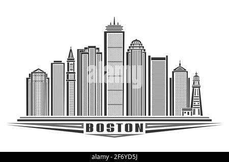 Illustration vectorielle de Boston, affiche horizontale monochrome avec design de contour ville de boston, concept d'art urbain avec lette décorative unique Illustration de Vecteur