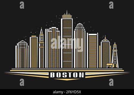 Illustration vectorielle de Boston, affiche horizontale avec un design de contour illuminé ville de boston, concept d'art urbain américain avec le décoratif Illustration de Vecteur