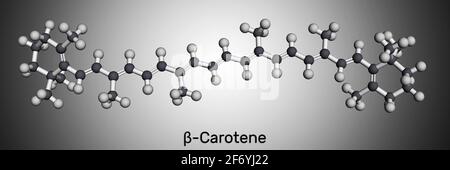 Le bêta-carotène, la provitamine A, est un pigment rouge-orange organique présent dans les plantes et les fruits. Modèle moléculaire. Rendu 3D. Illustration 3D Banque D'Images