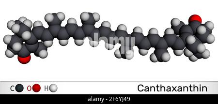 Canthaxanthine, molécule. Il s'agit de caroténone, céto-caroténoïde, terpénoïde, pigment biologique, colorant alimentaire E161g, métabolite fongique. Modèle moléculaire. 3 Banque D'Images