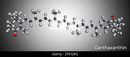 Canthaxanthine, molécule. Il s'agit de caroténone, céto-caroténoïde, terpénoïde, pigment biologique, colorant alimentaire E161g, métabolite fongique. Modèle moléculaire. 3 Banque D'Images