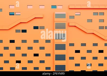 Bâtiment orange avec fenêtre et pas extérieur, rendu d'illustrations 3D Banque D'Images