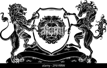 Manteau d'armoiries cheval Lions Crest Shield Family Seal Illustration de Vecteur