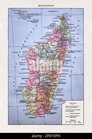 Ancienne carte de Madagascar imprimée dans le dictionnaire français 'Dictionnaire complet illustraet' par l'éditeur Larousse en 1889. Banque D'Images