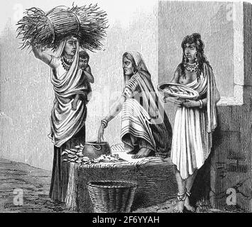 Trois femmes de différentes castes se rencontrent à Madras, Inde, gravure de bois, Vienne. Leipzig 1881 Banque D'Images