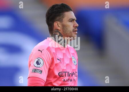 Leicester, Royaume-Uni. 03ème avril 2021. Ederson #31 de Manchester City pendant le match à Leicester, Royaume-Uni le 4/3/2021. (Photo de Mark Cosgrove/News Images/Sipa USA) crédit: SIPA USA/Alay Live News Banque D'Images