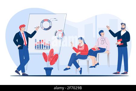 Séminaire d'affaires, présentation ou scène de formation d'entreprise, illustration vectorielle plate isolée sur fond blanc. Formation de motivation ou activité c Illustration de Vecteur