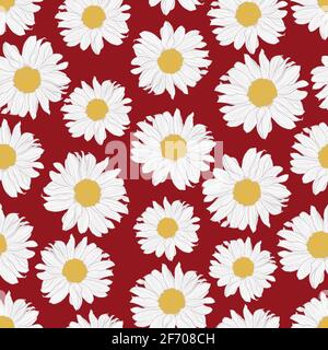 Motif vectoriel sans couture de fleurs de camomille jaune et blanc sur fond rouge. Imprimé décoratif pour le papier peint, l'emballage, le textile, le tissu de mode ou Illustration de Vecteur
