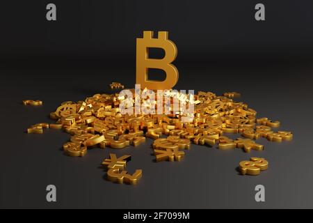 Un grand signe bitcoin sur de nombreux autres signes de devise. illustration 3d. Banque D'Images