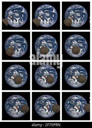 TRANSIT LUNAIRE 2021 le 11 février 2021, la lune est de nouveau passée entre DSCOVR et la Terre. EPIC a pris ces images sur une période d'environ 3 heures. Dans cet ensemble, le côté lointain de la lune, qui n'est jamais vu de la Terre, passe par. En toile de fond, la Terre tourne au-dessus de l'Australie et du Pacifique, révélant progressivement l'Asie. Composite optimisé et amélioré de l'ensemble d'images d'origine de la NASA. Crédit NASA Banque D'Images