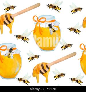 Aquarelle dessin à la main sans couture avec abeilles bourdes, nature insectes naturels, été vibes design moderne. Bocaux en verre de miel avec ruban, pot à miel avec balancier. Pollen de ferme biologique sain, polliniser les animaux. Pour papier d'emballage textile Banque D'Images
