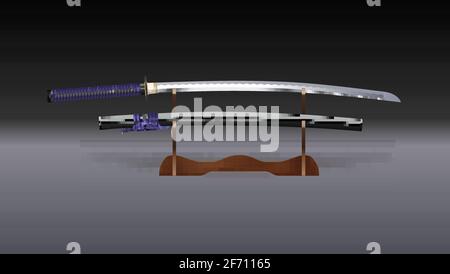 Épée Katana avec fourreau sur support. Illustration 3D vectorielle Illustration de Vecteur