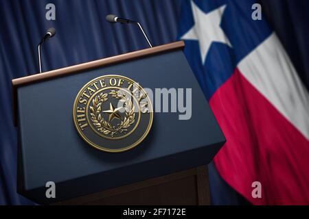 Conférence de presse du gouverneur de l'état du Texas concept. Grand sceau de l'État du Texas sur la Tribune avec drapeau des États-Unis et de l'État du Texas. 3d illust Banque D'Images