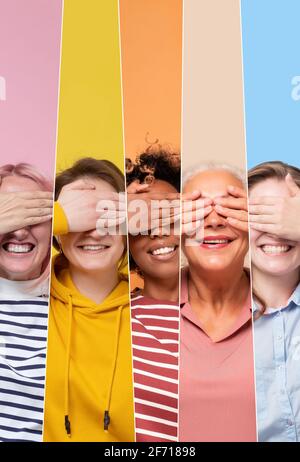 Collage de femmes heureuses couvrant les yeux en attente de surprise Banque D'Images