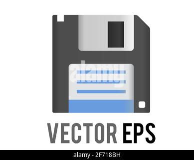 Le vecteur isolé noir 3.5 pouces disquette ou icône de sauvegarde avec obturateur argenté positionné vers le haut et étiquette blanche, un format de stockage de données conservé comme un sa Illustration de Vecteur
