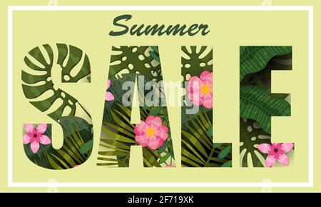 Soldes d'été feuilles et fleurs tropicales tendance. Modèle de fond de plantes exotiques et fleurs d'hibiscus. Jungle tendance. Vecteur Illustration de Vecteur