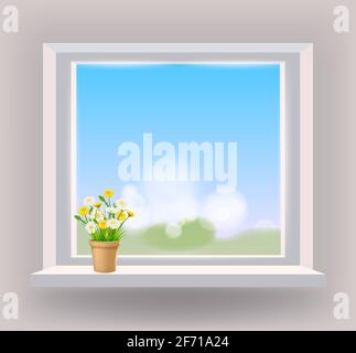 Vue sur la fenêtre sur le paysage, le printemps, pot de fleur avec fleurs Marguerite et pissenlits sur le rebord de la fenêtre, rideaux Illustration de Vecteur