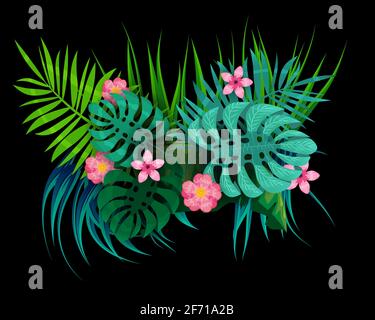 Feuilles tropicales d'été plantes exotiques palmier feuille de jungle. Couleurs tendance sur fond sombre de la bannière du modèle. Illustration vectorielle isolée Illustration de Vecteur