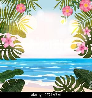 Fond tropical d'été avec plantes florales exotiques feuilles de palmier, plage océan bord de mer, ciel, nuages. Modèle de banque de vacances d'été Illustration de Vecteur