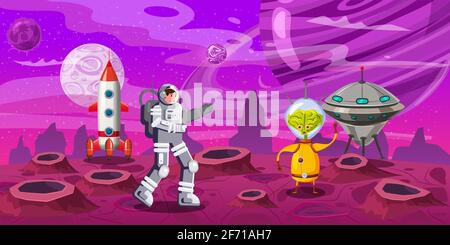 Astronaute explorant une fusée de planète extraterrestre. Contact avec un OVNI étranger. Cosmonaute scientifique voyageur caractère sur une surface rocheuse dans une galaxie lointaine. Dessin animé Illustration de Vecteur