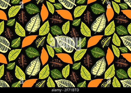 Motif fleuri vectoriel sans coutures avec feuilles colorées. Feuilles de couleur verte et orange isolées sur fond sombre pour tissu, textile d'intérieur, papier peint, W Banque D'Images