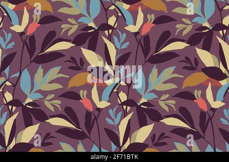 Motif fleuri vectoriel sans coutures. Branches et feuilles colorées isolées sur fond violet. Pour le tissu, le textile intérieur, le papier peint, le papier d'emballage. Banque D'Images